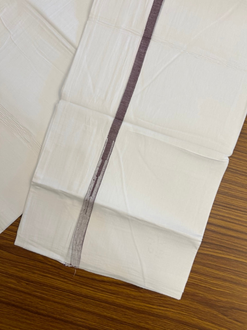 20% DISCOUNT!! NEW!! KaithariKada Balaramapuram 100% Cotton PURE WHITE Double Mundu/Dhoti - (100x80)s - 0.5 inch Dark Wine Kara chutty - 32 KK5249 VIN