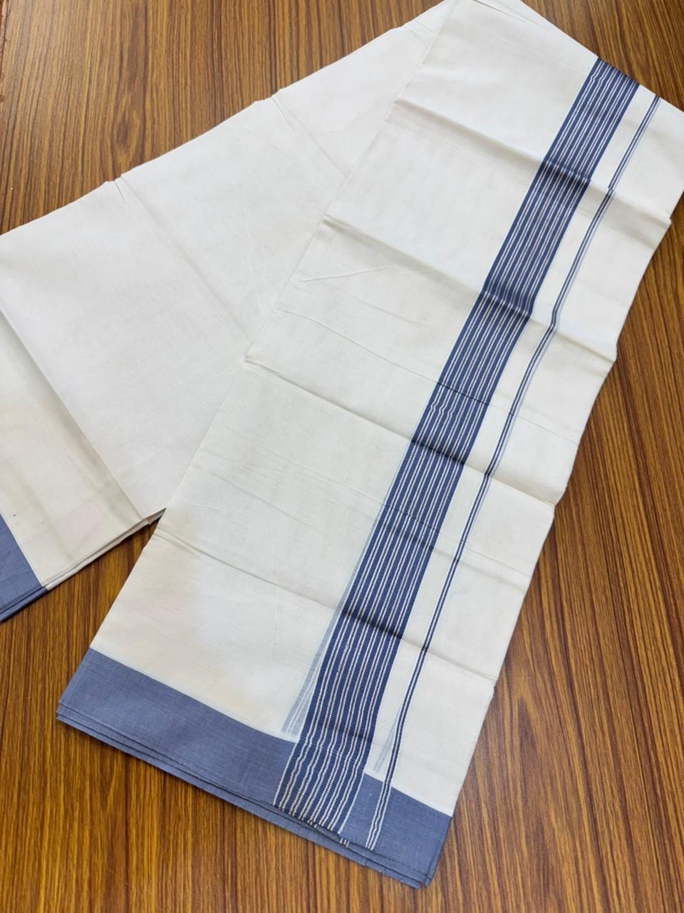20% Discount! KaithariKada Balaramapuram 100% Cotton Off white Double Mundu/Dhoti - (100x80)S - 1.75 inch Steel Blue & Silver Kasav Striped Kara - 4mtr (8.5muzham) - 80 KK5255 VAS
