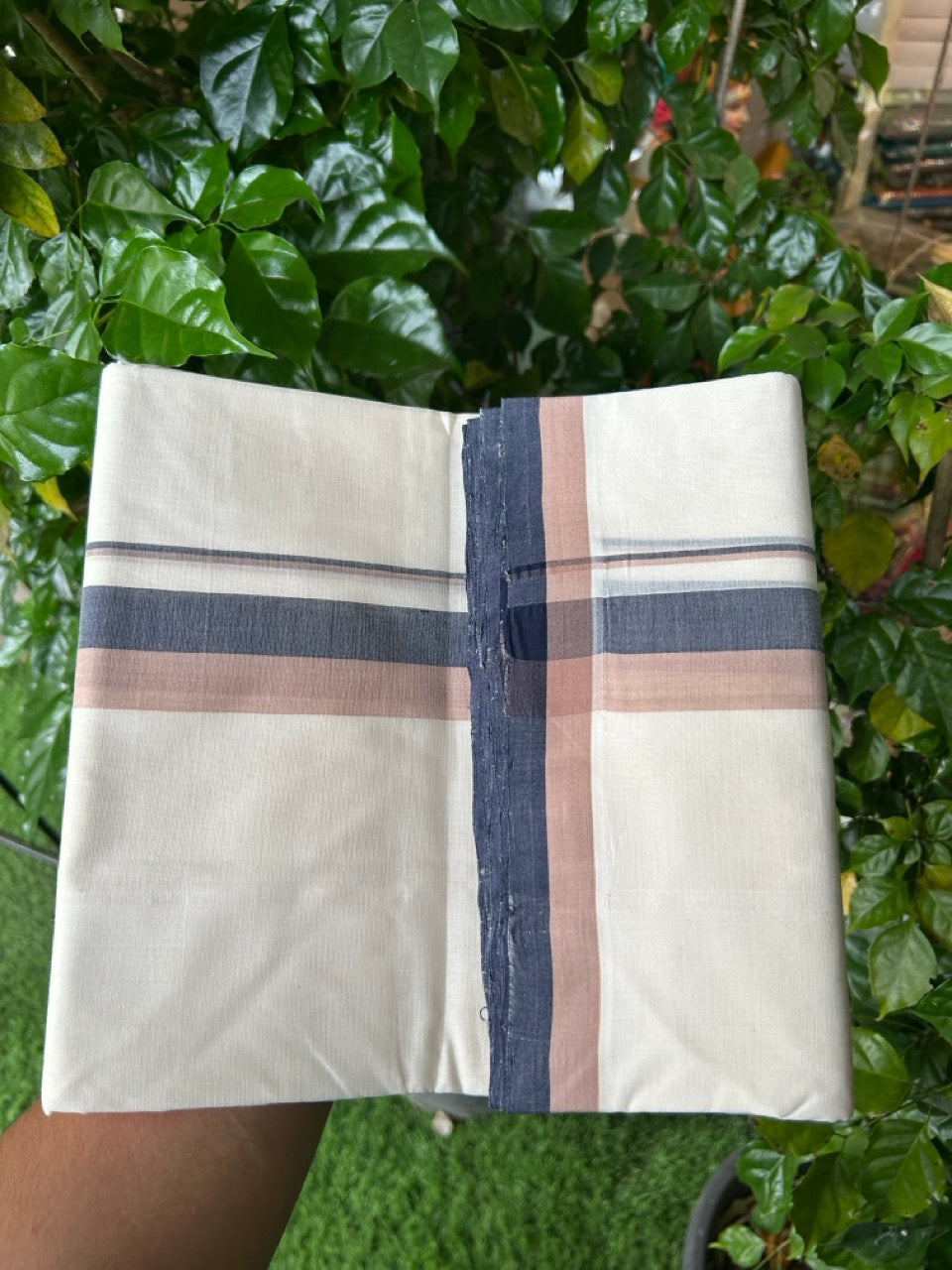 25% DISCOUNT!! KaithariKada HANDLOOM UNAKKUPAAV Balaramapuram - 100% PURE Cotton OFF White - (Unbleached) Double Mundu/Dothi - 100 x 80 - 1.5 inch Green Black Gold Kasav Kara 4 meter - 34 KK5249 REA