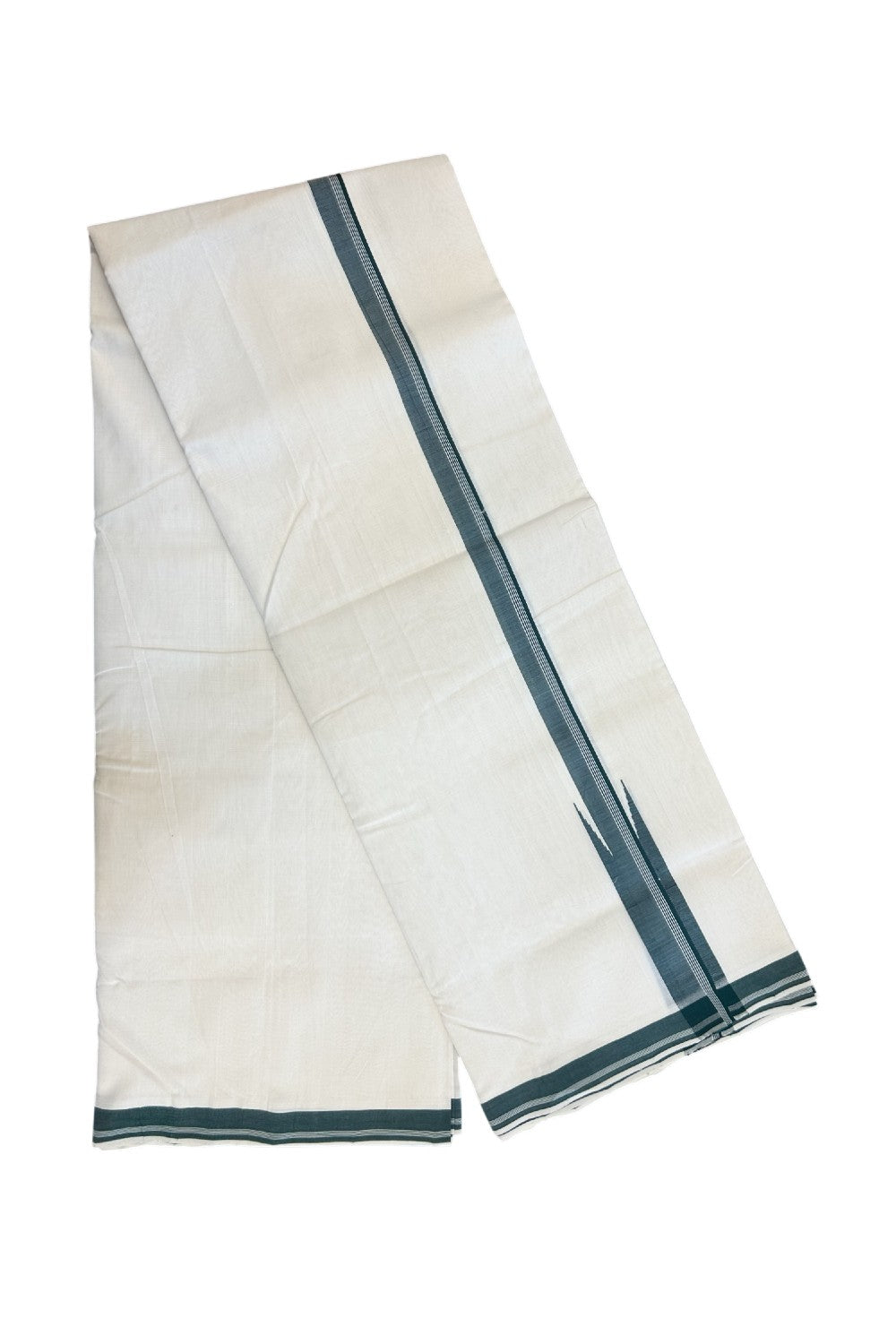 25% DISCOUNT!! KaithariKada HANDLOOM UNAKKUPAAV Balaramapuram - 100% PURE Cotton OFF White - (Unbleached) Double Mundu/Dothi - 120(Twisted) x 100 - 1.5 inch Green shaded White stripes Puliyilakkara chutty 3.80 meter (8.5 Muzham) - 20KK5167REA