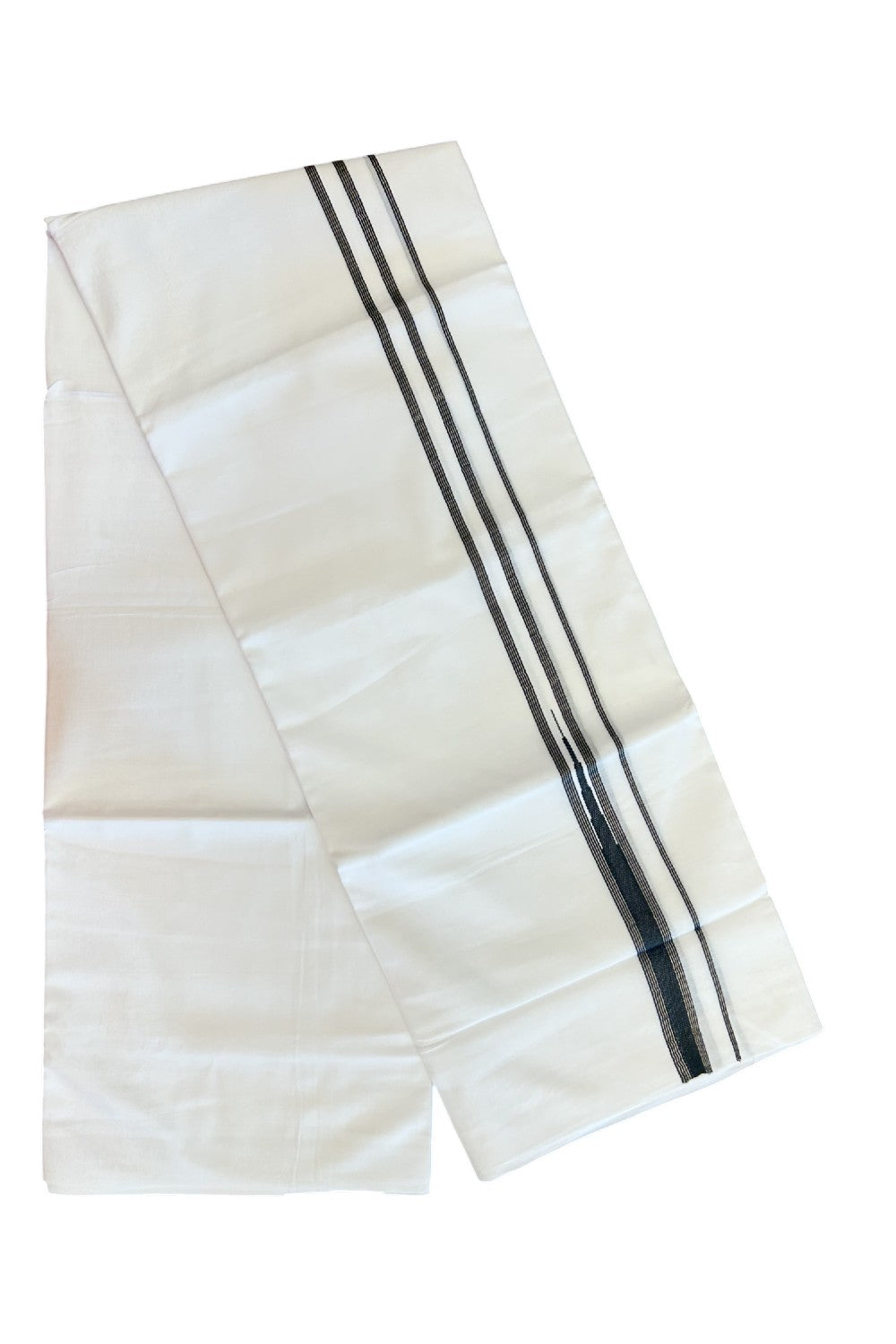 20% Discount ! Kaitharikada Balaramapuram 100% Cotton PURE WHITE Double Mundu/Dothi - 100x80 - 1 inch Silver Kasavu & Black Stripes Temple Chutty Kara - 33KK5182VAS
