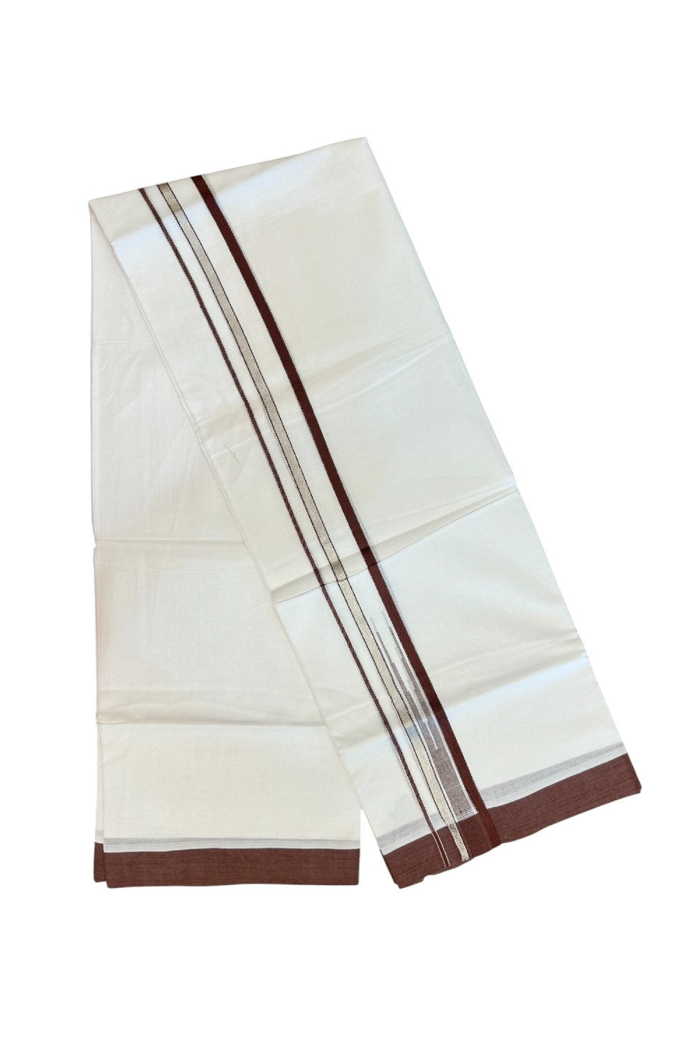20% Discount ! Kaitharikada Balaramapuram 100% Cotton PURE WHITE Double Mundu/Dothi - 100x80 - 1.5 inch Silver Kasavu & Brownish Maroon Striped chutty kara - 33KK5183VIN