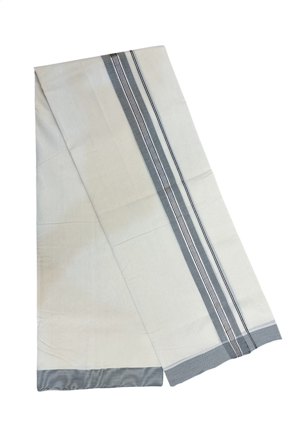 25% DISCOUNT!! KaithariKada HANDLOOM UNAKKUPAAV Balaramapuram - 100% PURE Cotton OFF White - (Unbleached) Double Mundu/Dothi - 80X100 - 1.75 inch Silver Kasavu & Black Striped Kara - 33KK5209 REA