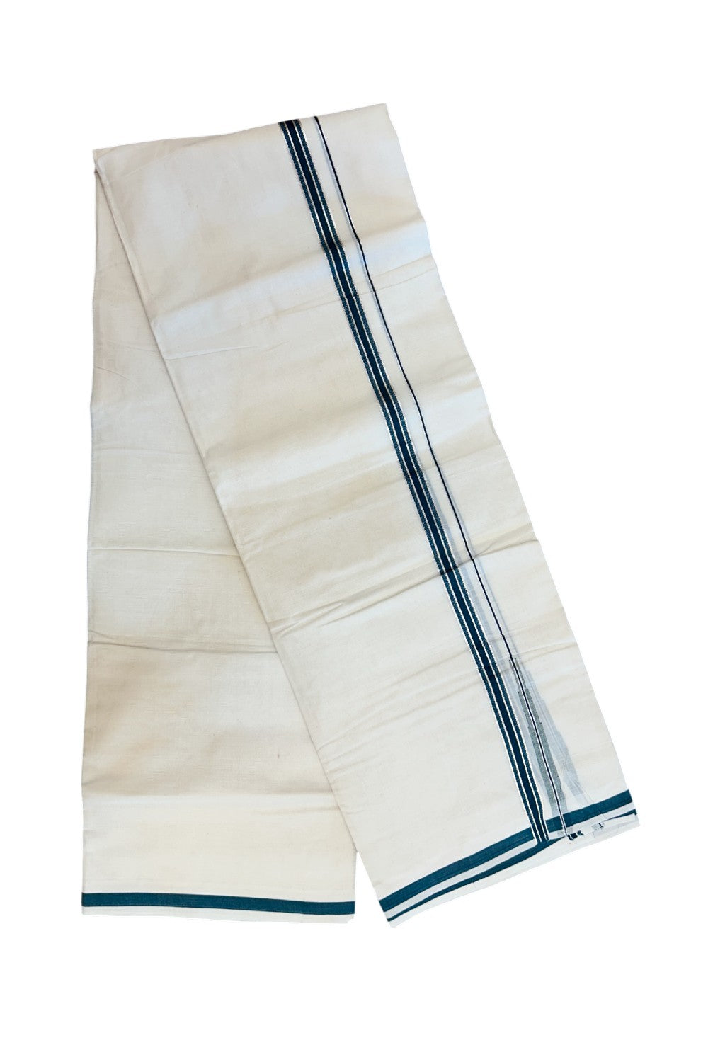 20% Discount ! KaithariKada Balaramapuram 100% Cotton Double OFF WHITE - (Unbleached) - Mundu / Dhoti- 100x80 - 1.5 cm Silver kasavu Green Puliyilakkara chutty - 33KK5213 VIN