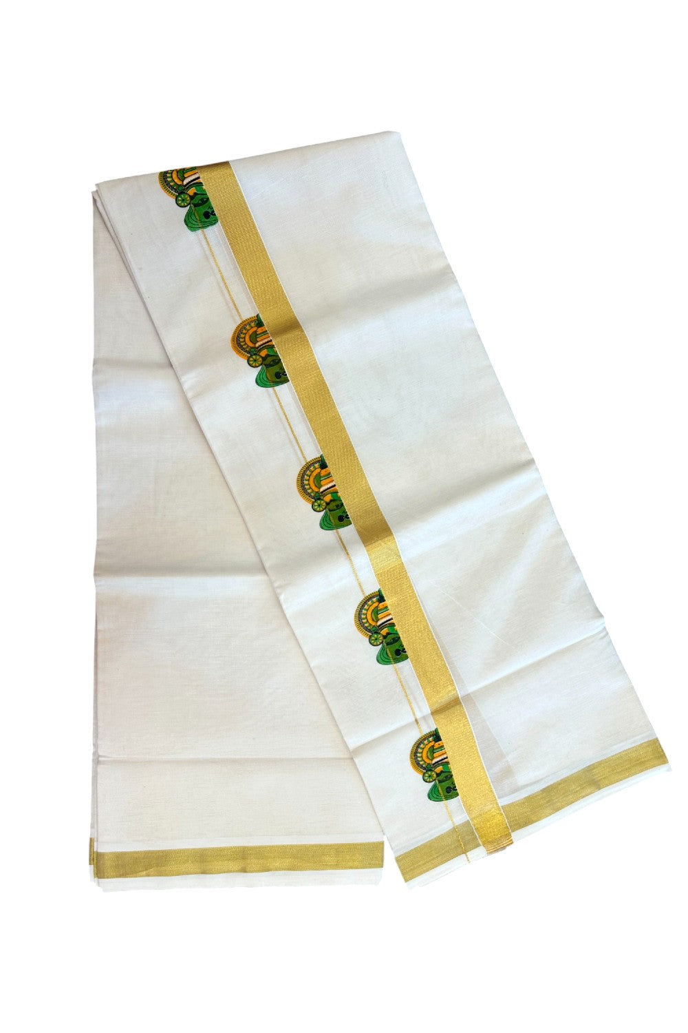 22% Discount!! KaithariKada Balaramapuram 100% Cotton DOUBLE OFF WHITE - (Ubleached) Mundu/Dhoti - 80x90 - 1 inch Gold Kasavu with Kathakali Printed Design Kara - 33KK5219 GAN