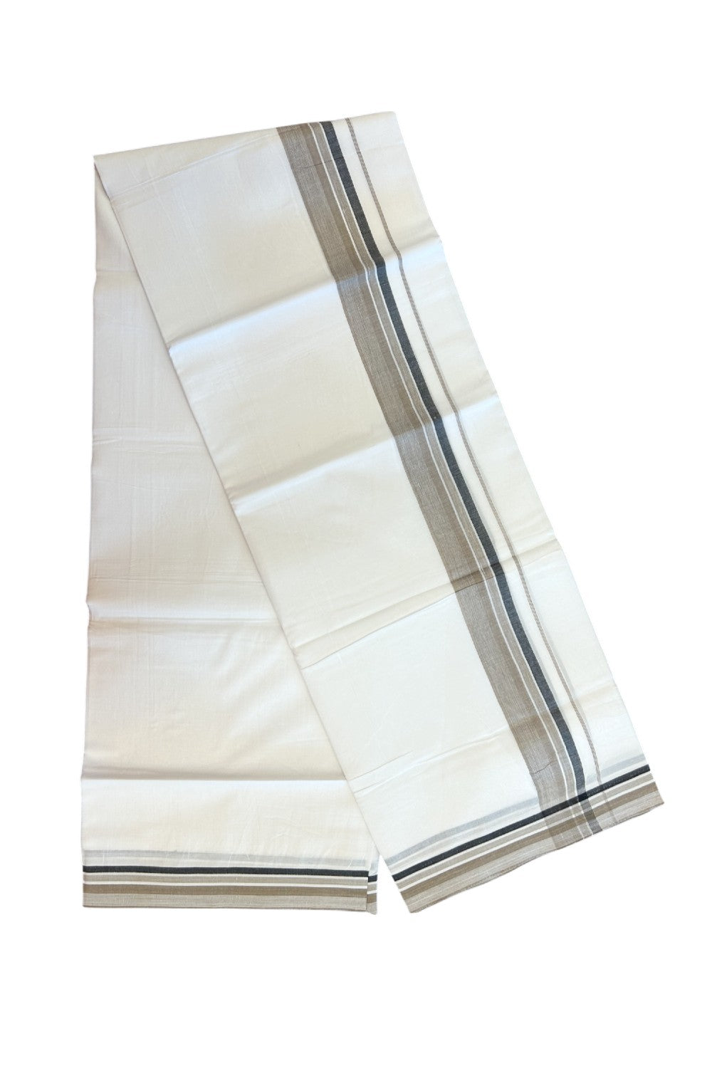 20% Discount ! Kaitharikada Balaramapuram 100% Cotton PURE WHITE Double Mundu/Dothi - 100x80 - 1.75 inch Brown & Black Shaded Striped Kara 3.75 mtr (8 muzham) - 33KK5220 THI
