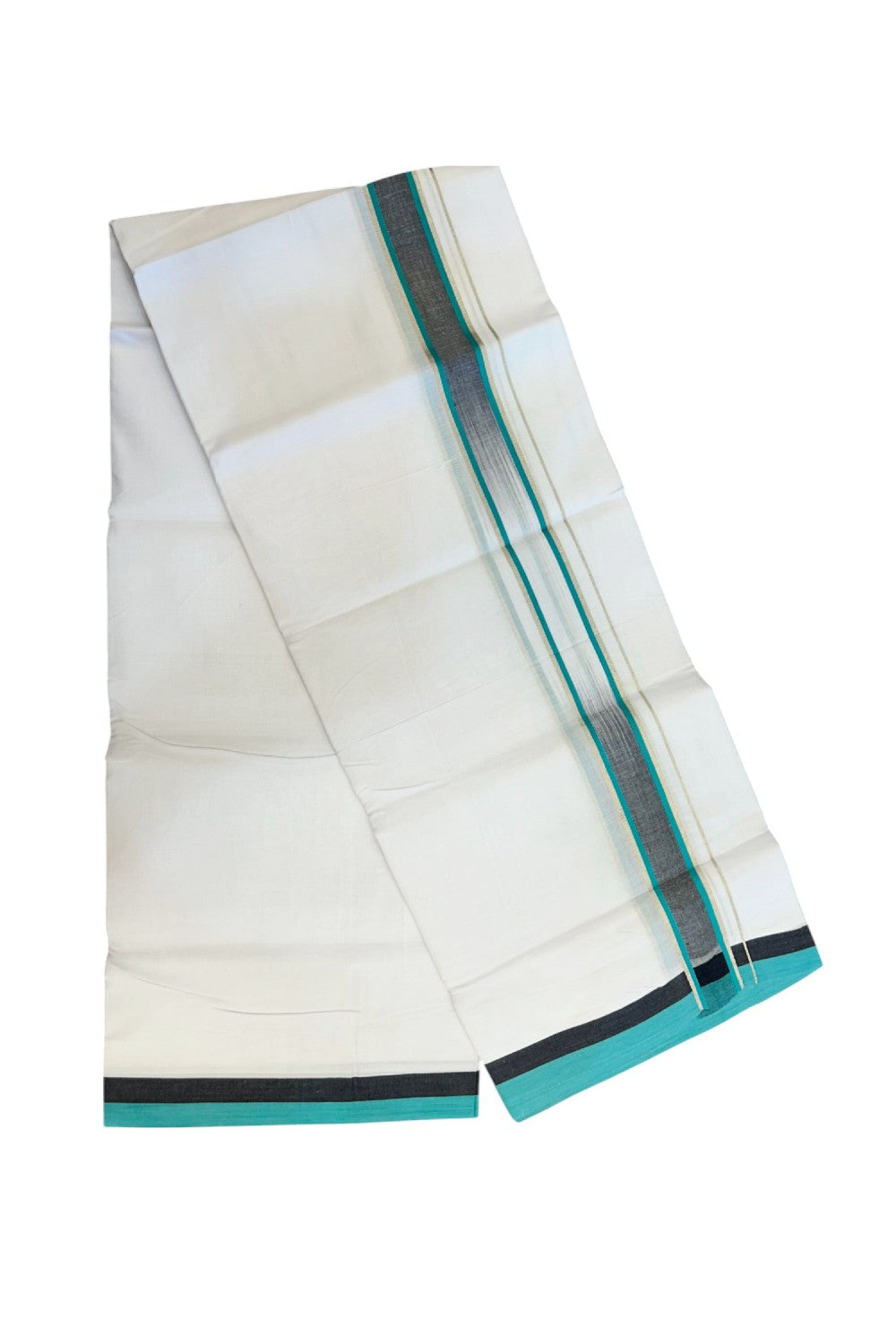 20% Discount!!! KaithariKada Balaramapuram Double PURE WHITE RAINBOW Mundu/Dhoti - 80X90 - 1.5 inch Black & Dark Turquoise Green Silver Striped Designer Kara 3.85 mtr (8 muzham)- 31KK5224 ASH