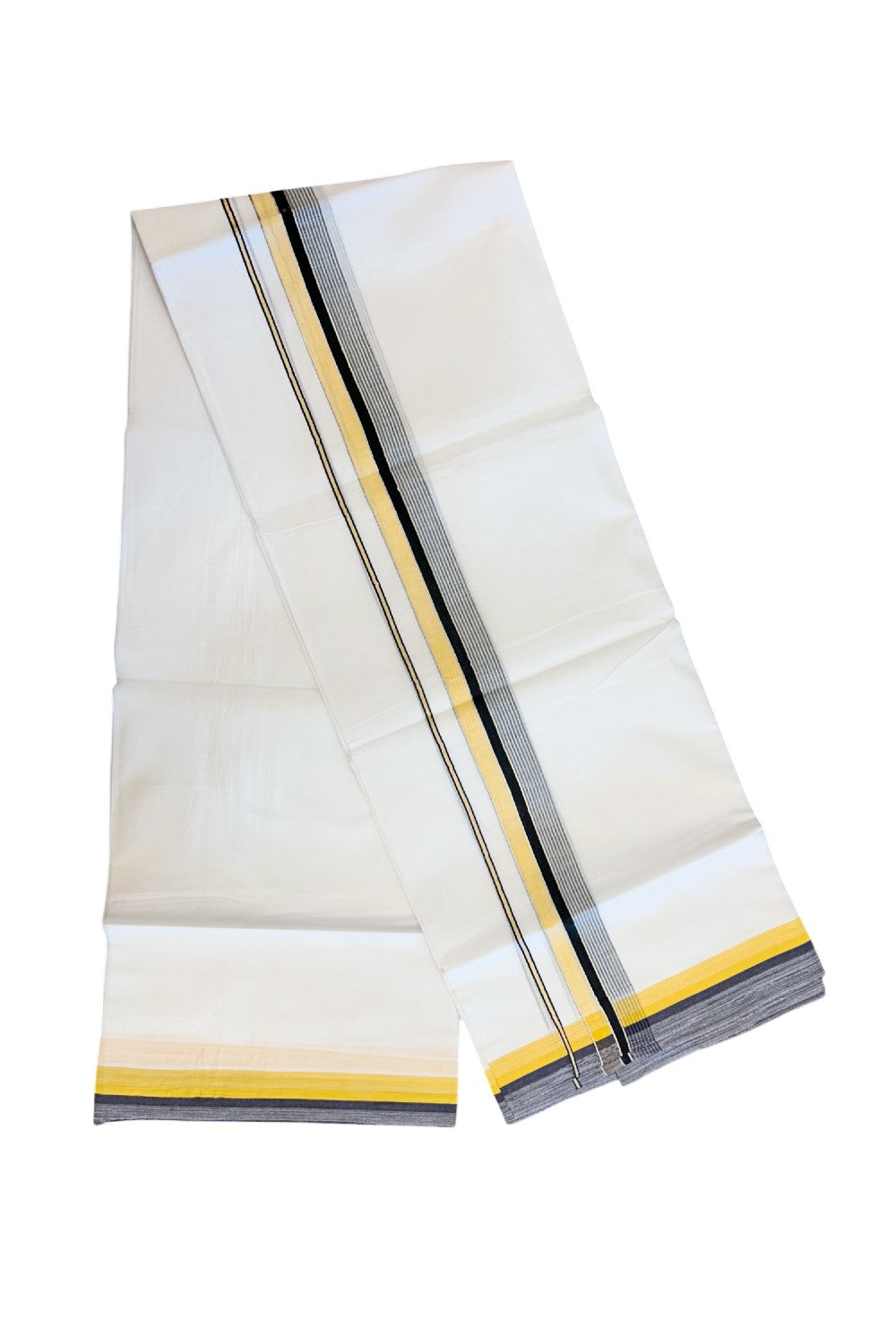 20% DISCOUNT! KaithariKada Balaramapuram 100% Cotton Double Pure white Mundu/Dhoti- 100x80 - 1.5 inch Silver Kasavu Navy Blue & Orange Yellow Shaded Striped Kara - 3.86mtr ( 8 muzham) - 33KK5227 PMC