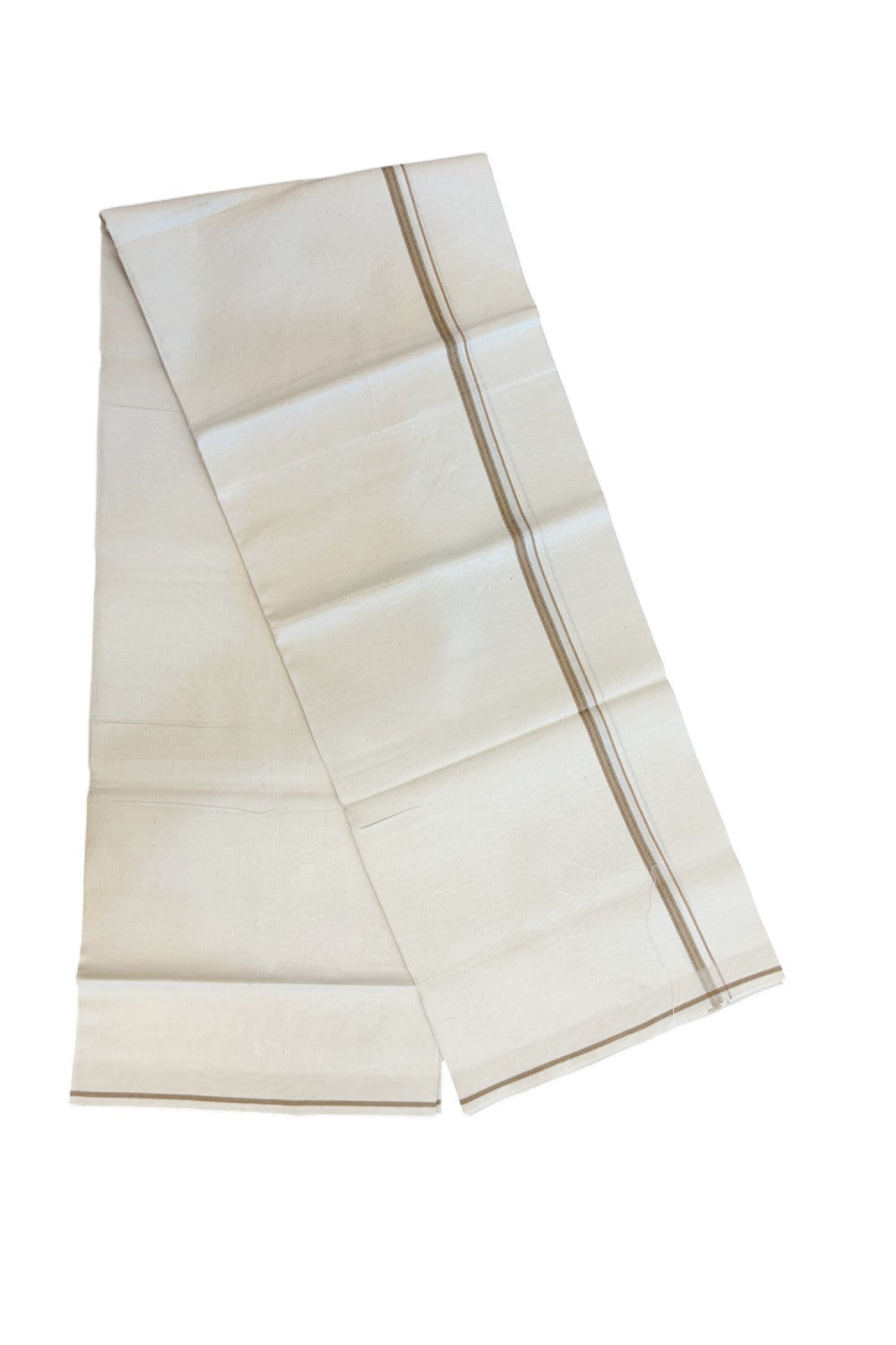 24% Discount !! KaithariKada Balaramapuram 100% Cotton OFF WHITE (Unbleached) Single Mundu/Dhoti - Twisted 60s Thread - 0.8 cm Peanut Brown & green shaded striped Kara (2 meter / 4 muzham) - 59KK5241 GL