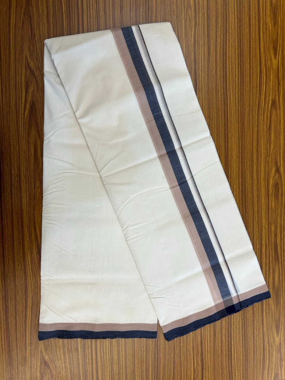 25% DISCOUNT!! KaithariKada HANDLOOM UNAKKUPAAV Balaramapuram - 100% PURE Cotton OFF White - (Unbleached) Double Mundu/Dothi - 100 x 80 - 1.5 inch Green Black Gold Kasav Kara 4 meter - 34 KK5249 REA