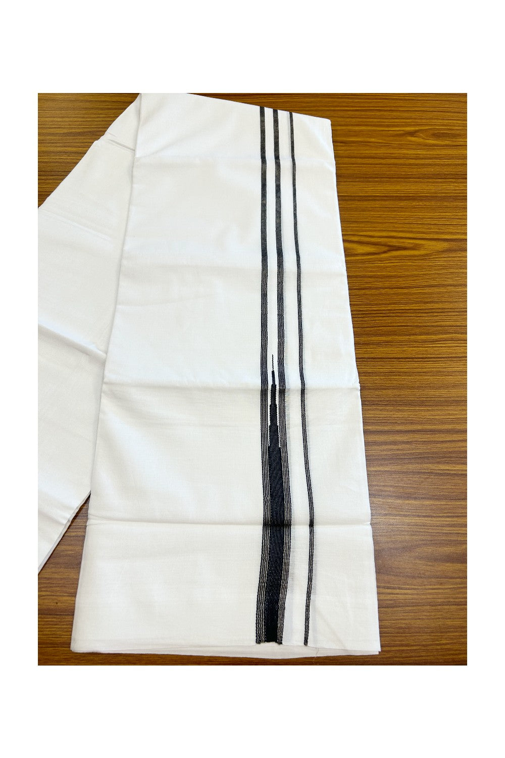 20% Discount ! Kaitharikada Balaramapuram 100% Cotton PURE WHITE Double Mundu/Dothi - 100x80 - 1 inch Silver Kasavu & Black Stripes Temple Chutty Kara - 33KK5182VAS