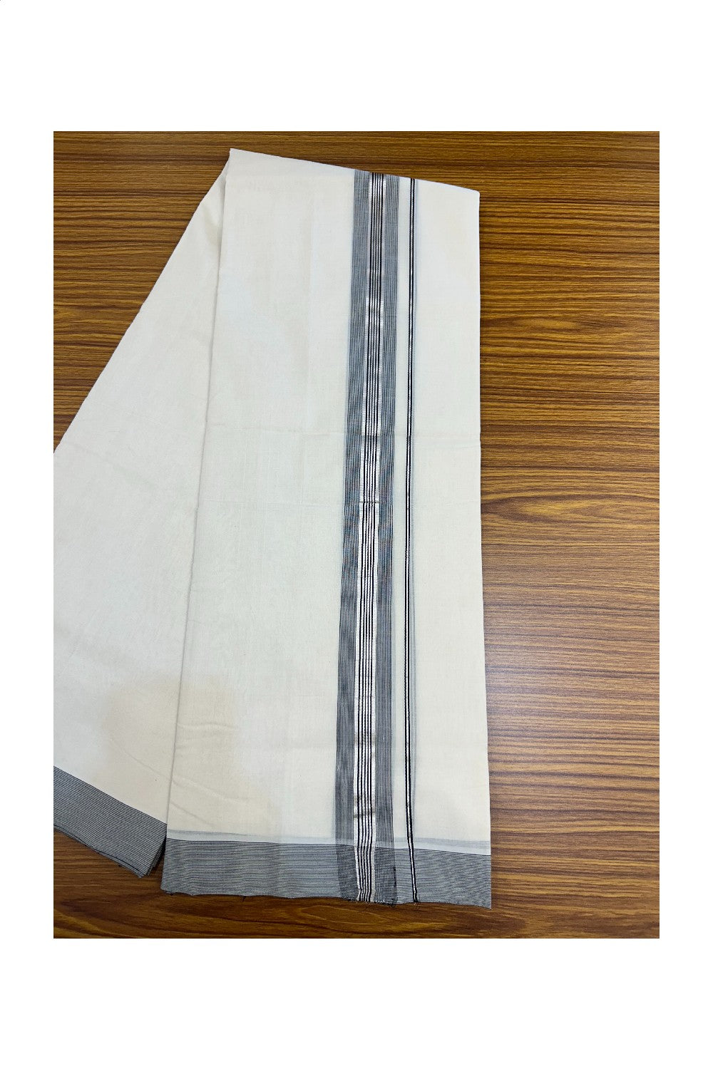 25% DISCOUNT!! KaithariKada HANDLOOM UNAKKUPAAV Balaramapuram - 100% PURE Cotton OFF White - (Unbleached) Double Mundu/Dothi - 80X100 - 1.75 inch Silver Kasavu & Black Striped Kara - 33KK5209 REA