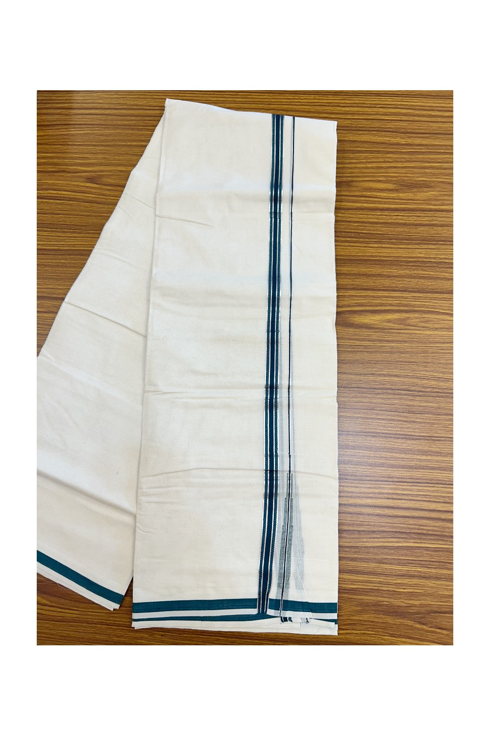 20% Discount ! KaithariKada Balaramapuram 100% Cotton Double OFF WHITE - (Unbleached) - Mundu / Dhoti- 100x80 - 1.5 cm Silver kasavu Green Puliyilakkara chutty - 33KK5213 VIN