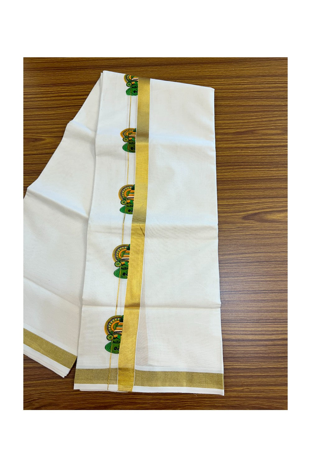 22% Discount!! KaithariKada Balaramapuram 100% Cotton DOUBLE OFF WHITE - (Ubleached) Mundu/Dhoti - 80x90 - 1 inch Gold Kasavu with Kathakali Printed Design Kara - 33KK5219 GAN
