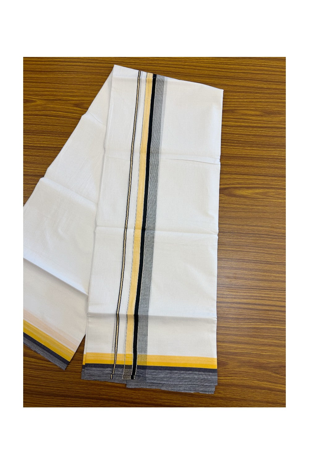 20% DISCOUNT! KaithariKada Balaramapuram 100% Cotton Double Pure white Mundu/Dhoti- 100x80 - 1.5 inch Silver Kasavu Navy Blue & Orange Yellow Shaded Striped Kara - 3.86mtr ( 8 muzham) - 33KK5227 PMC
