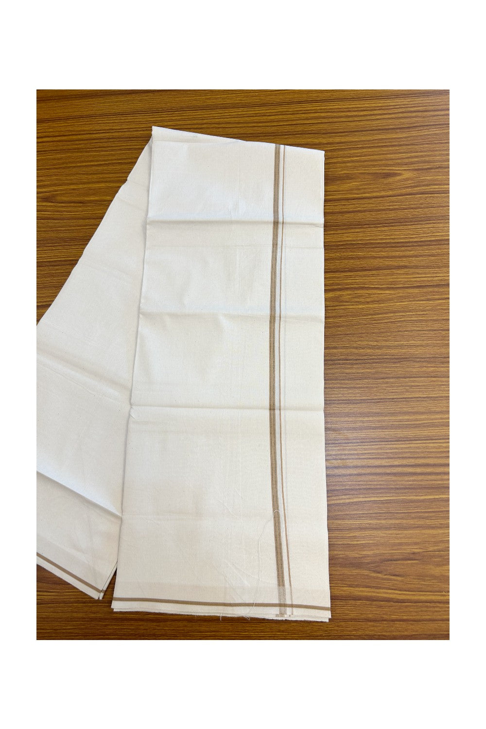 24% Discount !! KaithariKada Balaramapuram 100% Cotton OFF WHITE (Unbleached) Single Mundu/Dhoti - Twisted 60s Thread - 0.8 cm Peanut Brown & green shaded striped Kara (2 meter / 4 muzham) - 59KK5241 GL