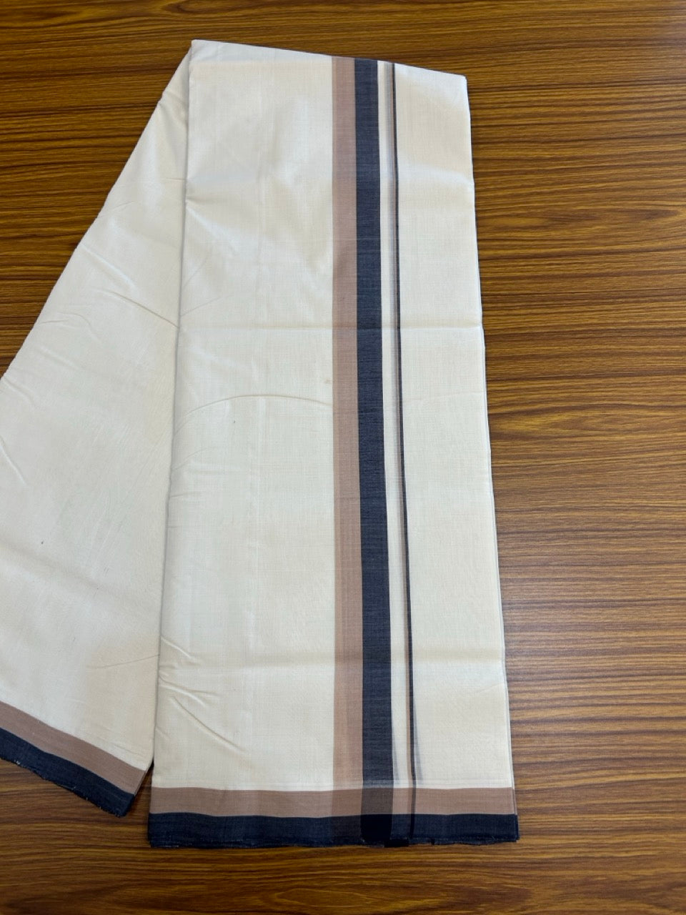 25% DISCOUNT!! KaithariKada HANDLOOM UNAKKUPAAV Balaramapuram - 100% PURE Cotton OFF White - (Unbleached) Double Mundu/Dothi - 100 x 80 - 1.5 inch Green Black Gold Kasav Kara 4 meter - 34 KK5249 REA