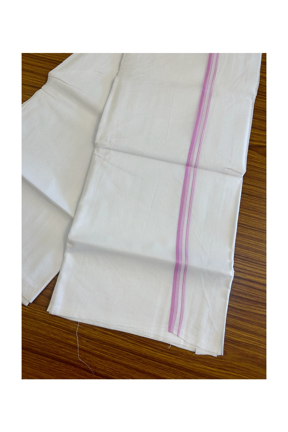 26% DISCOUNT ! KaithariKada Balaramapuram 100% Cotton Double Pure white Mundu/Dhoti-100X100 - Light Pink & Stripes 0.75 inch Kara.- 37KK487KK
