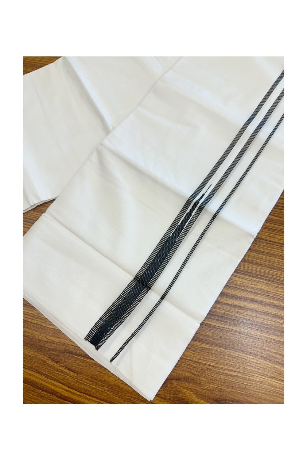 20% Discount ! Kaitharikada Balaramapuram 100% Cotton PURE WHITE Double Mundu/Dothi - 100x80 - 1 inch Silver Kasavu & Black Stripes Temple Chutty Kara - 33KK5182VAS