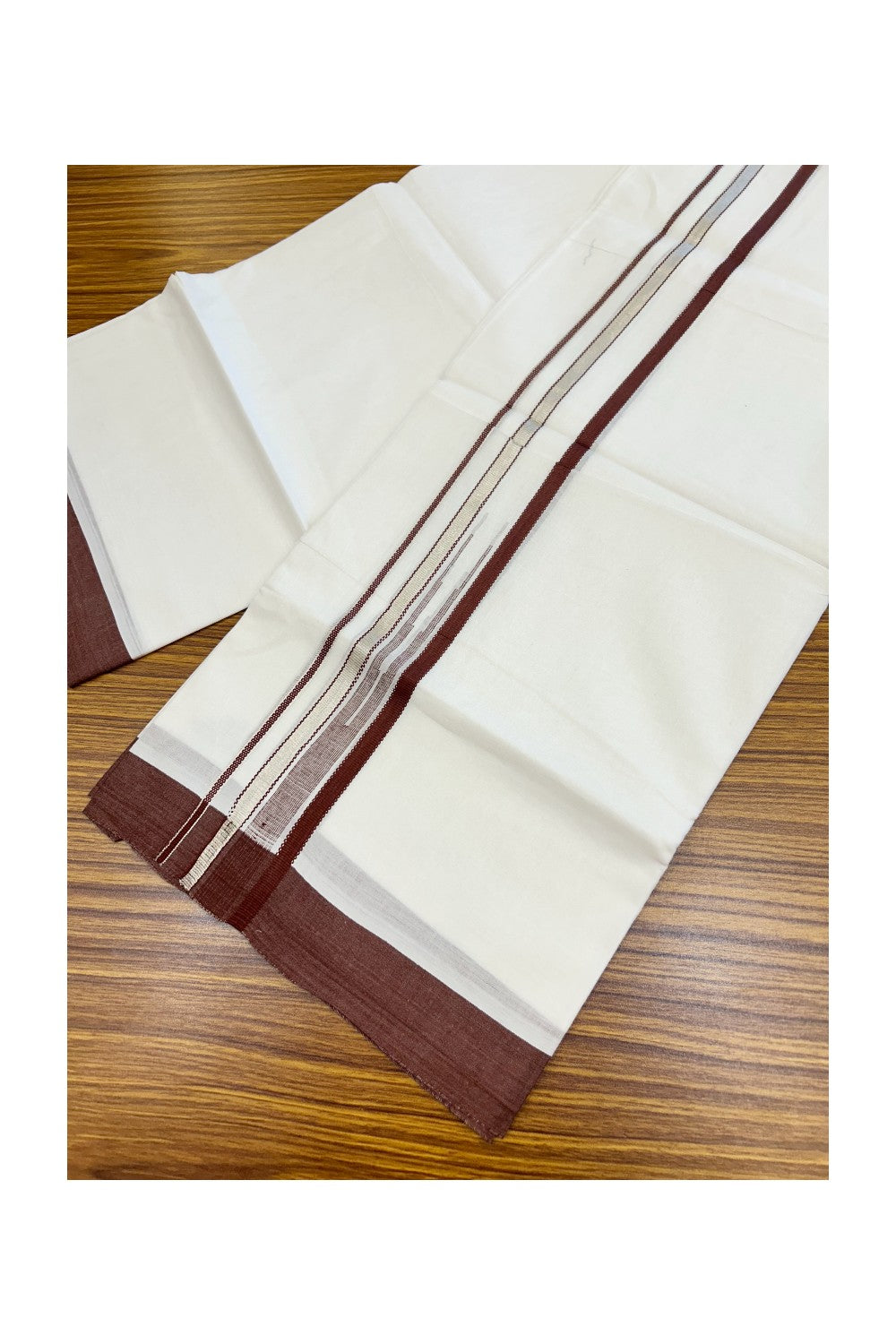 20% Discount ! Kaitharikada Balaramapuram 100% Cotton PURE WHITE Double Mundu/Dothi - 100x80 - 1.5 inch Silver Kasavu & Brownish Maroon Striped chutty kara - 33KK5183VIN