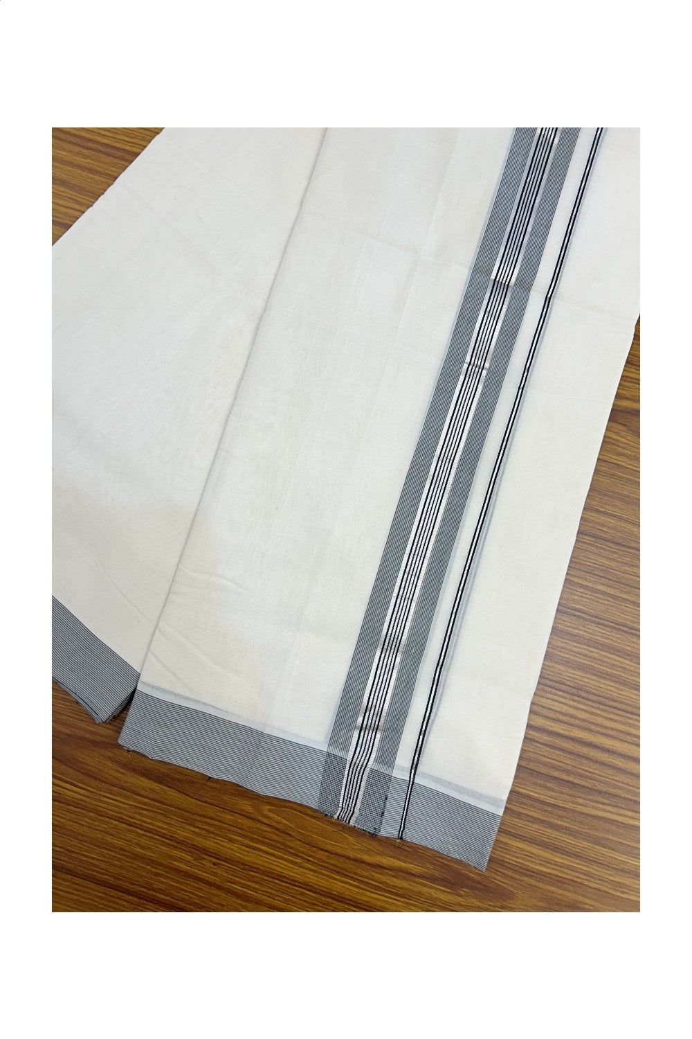 25% DISCOUNT!! KaithariKada HANDLOOM UNAKKUPAAV Balaramapuram - 100% PURE Cotton OFF White - (Unbleached) Double Mundu/Dothi - 80X100 - 1.75 inch Silver Kasavu & Black Striped Kara - 33KK5209 REA