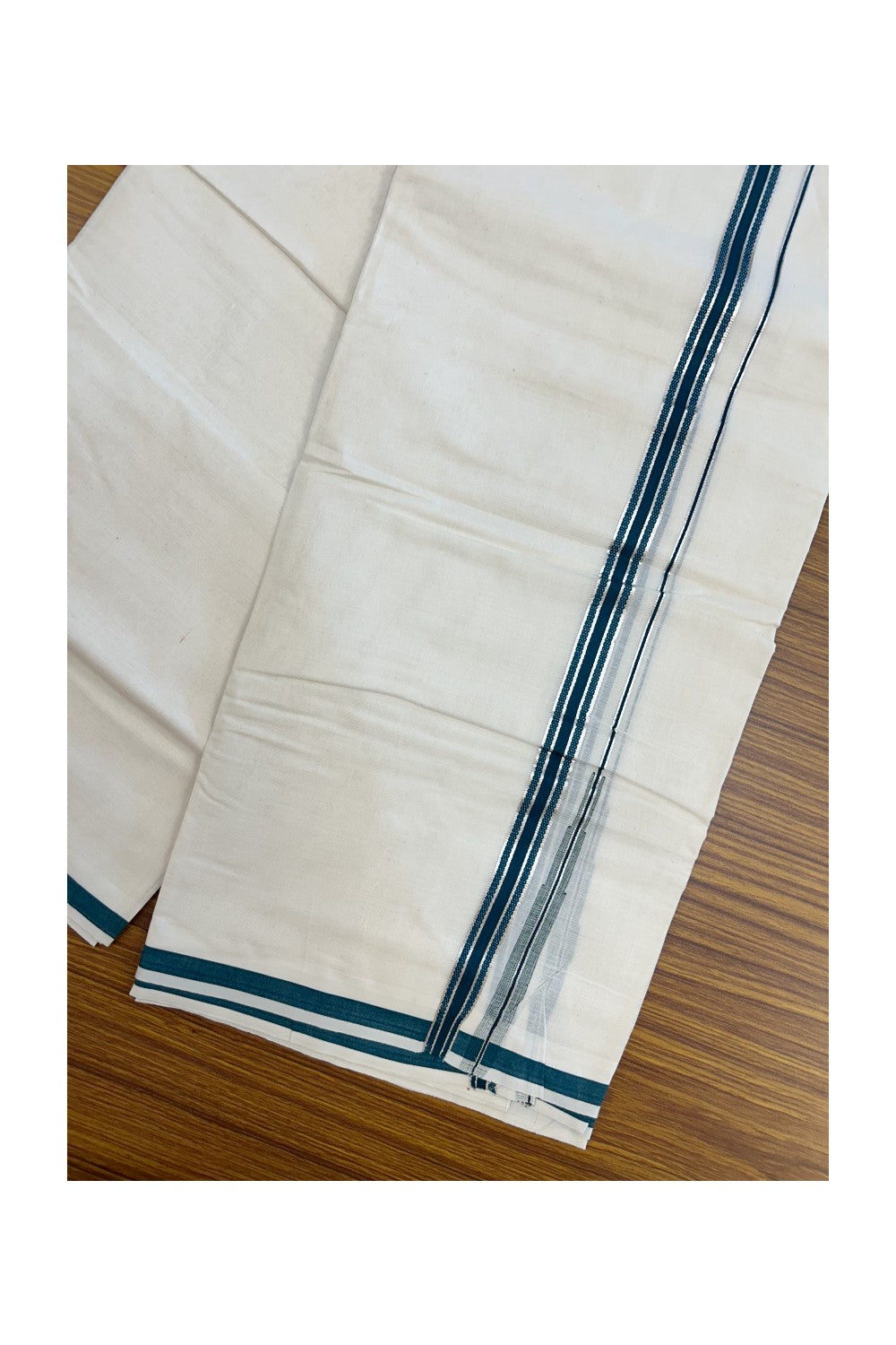 20% Discount ! KaithariKada Balaramapuram 100% Cotton Double OFF WHITE - (Unbleached) - Mundu / Dhoti- 100x80 - 1.5 cm Silver kasavu Green Puliyilakkara chutty - 33KK5213 VIN