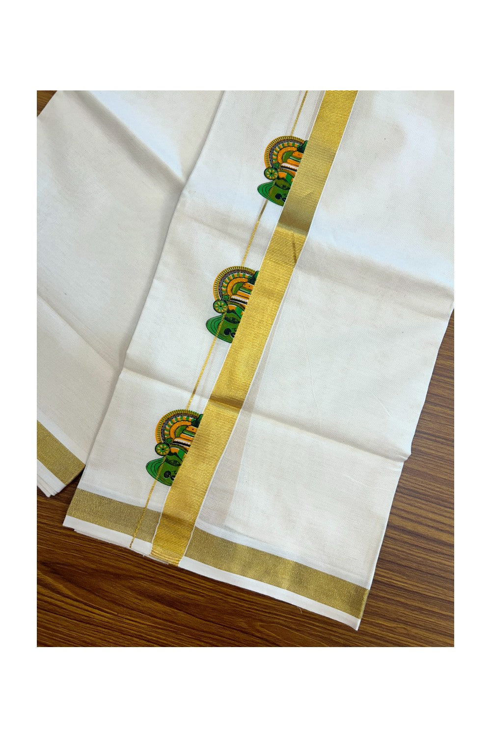 22% Discount!! KaithariKada Balaramapuram 100% Cotton DOUBLE OFF WHITE - (Ubleached) Mundu/Dhoti - 80x90 - 1 inch Gold Kasavu with Kathakali Printed Design Kara - 33KK5219 GAN