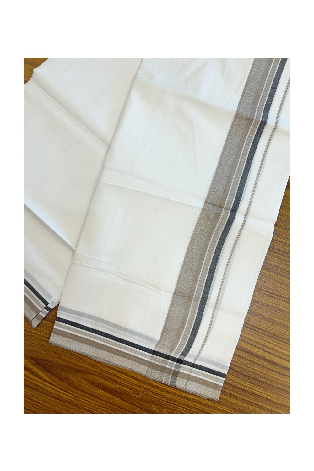 20% Discount ! Kaitharikada Balaramapuram 100% Cotton PURE WHITE Double Mundu/Dothi - 100x80 - 1.75 inch Brown & Black Shaded Striped Kara 3.75 mtr (8 muzham) - 33KK5220 THI