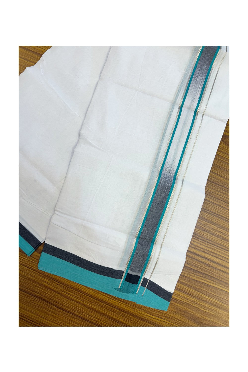 20% Discount!!! KaithariKada Balaramapuram Double PURE WHITE RAINBOW Mundu/Dhoti - 80X90 - 1.5 inch Black & Dark Turquoise Green Silver Striped Designer Kara 3.85 mtr (8 muzham)- 31KK5224 ASH