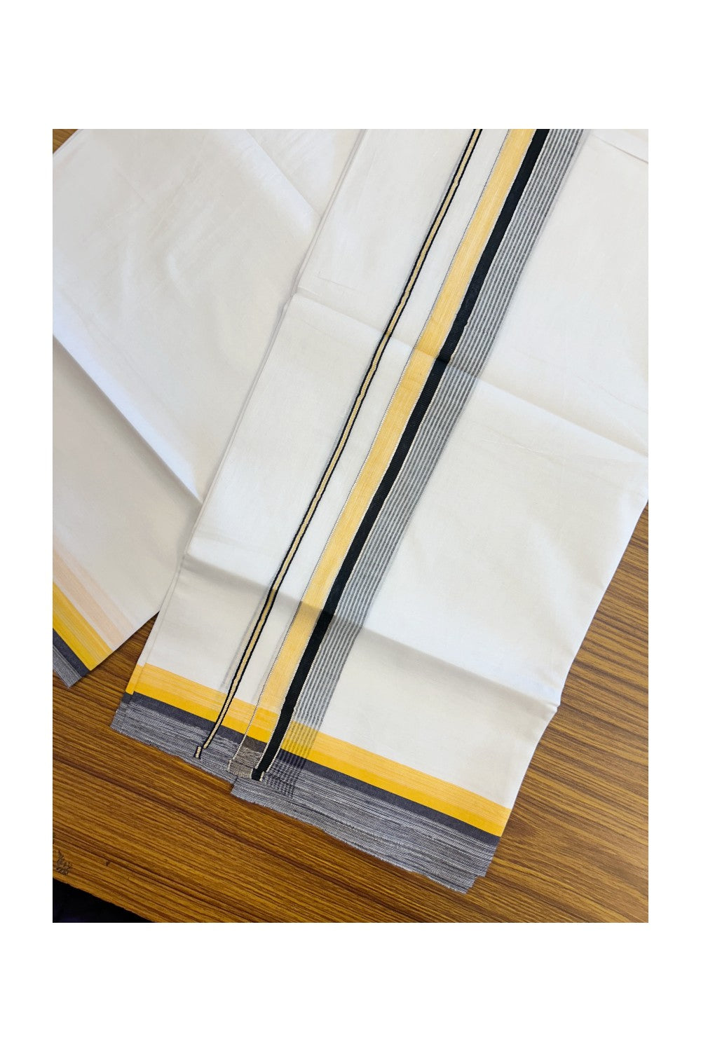 20% DISCOUNT! KaithariKada Balaramapuram 100% Cotton Double Pure white Mundu/Dhoti- 100x80 - 1.5 inch Silver Kasavu Navy Blue & Orange Yellow Shaded Striped Kara - 3.86mtr ( 8 muzham) - 33KK5227 PMC