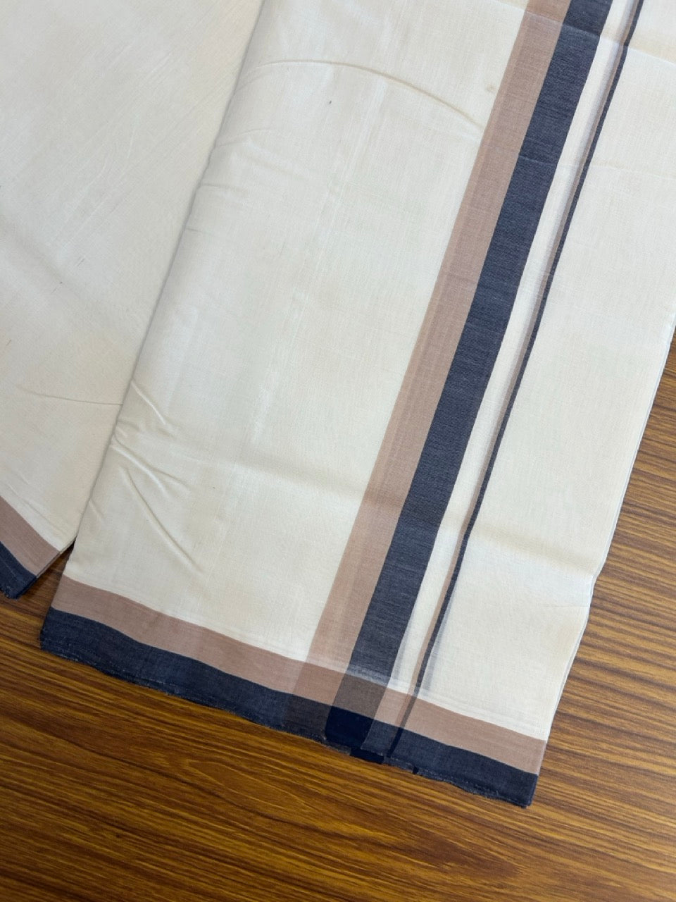 25% DISCOUNT!! KaithariKada HANDLOOM UNAKKUPAAV Balaramapuram - 100% PURE Cotton OFF White - (Unbleached) Double Mundu/Dothi - 100 x 80 - 1.5 inch Green Black Gold Kasav Kara 4 meter - 34 KK5249 REA