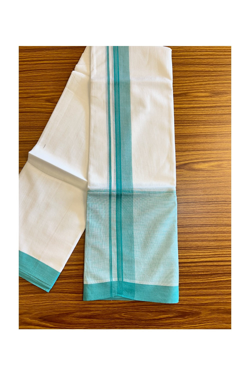 15% Discount!! Kaitharikada Balaramapuram 100% Cotton Pure White Double Mund/Dhoti-100x100  2 Inch Turquoise Green Shaded Cotton Kara - 33KK74RAM