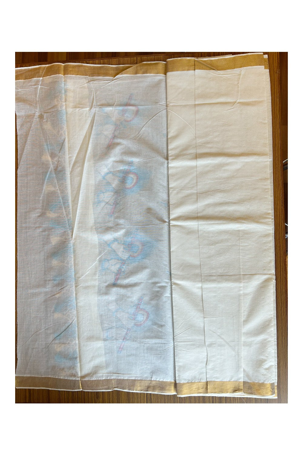 25% Discount! Kaitharikada Kerala Cotton Saree Off white - 12 inch Kasavu Zari with Red & Blue Flute Embroidery Pattern Design- 33KK303VIN