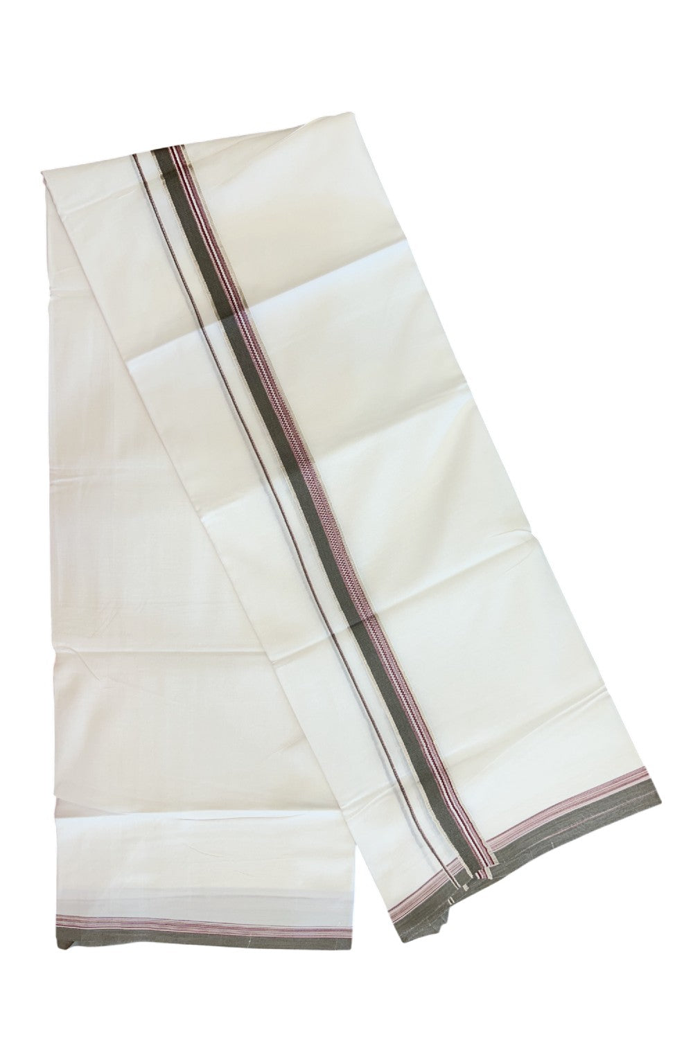 20% Discount ! Kaitharikada Balaramapuram 100% Cotton PURE WHITE Double Mundu/Dothi - 100x80 -1 inch Silver Kasavu Sage Green & Maroon Striped Design Kara - 34KK5182VAS