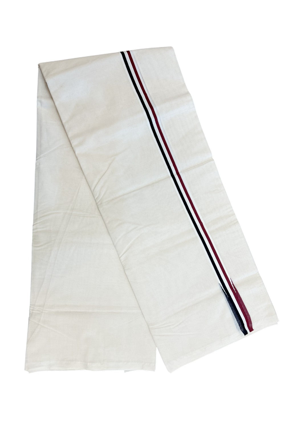ADMK VESHTI - 20% DISCOUNT! KaithariKada 100% Cotton off white Double - (Unbleached) Mundu/Dhoti - 100X100 - 1 inch Black White & Maroon Wings Chutty kara - 34KK5218ASH