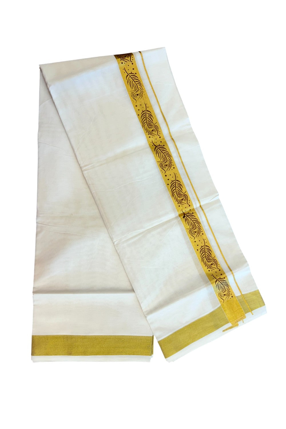 22% Discount!! KaithariKada Balaramapuram 100% Cotton DOUBLE OFF WHITE - (Ubleached) Mundu/Dhoti - 80x90 - 1.5 inch Gold Kasavu with Maroon Peacock Feather Printed Design Kara - 34KK5219 GAN