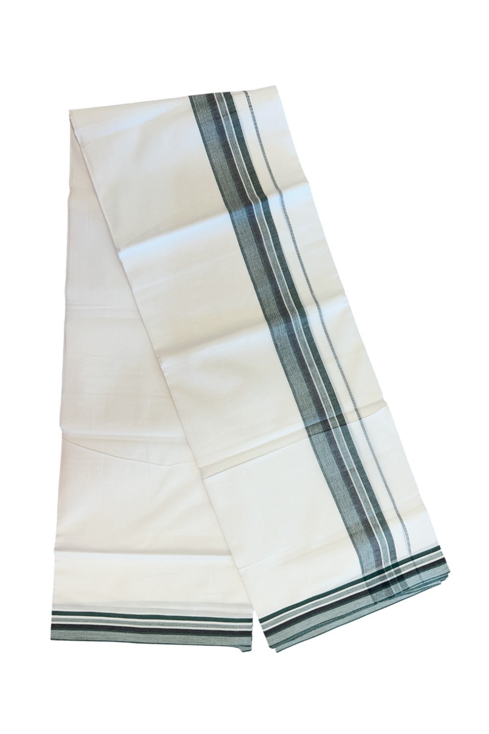 20% Discount ! Kaitharikada Balaramapuram 100% Cotton PURE WHITE Double Mundu/Dothi - 100x80 - 1.75 inch Dark Green & Black Shaded Striped Kara 3.75 mtr (8 muzham) - 34KK5220 THI