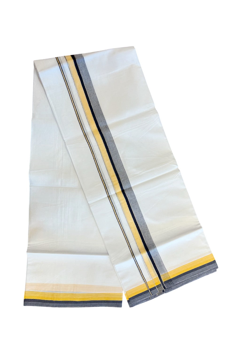 20% DISCOUNT! KaithariKada Balaramapuram 100% Cotton Double Pure white Mundu/Dhoti- 100x80 - 1.5 inch Silver Kasavu Black & Orange Yellow Shaded Striped Kara - 3.86mtr ( 8 muzham) - 34KK5227 PMC