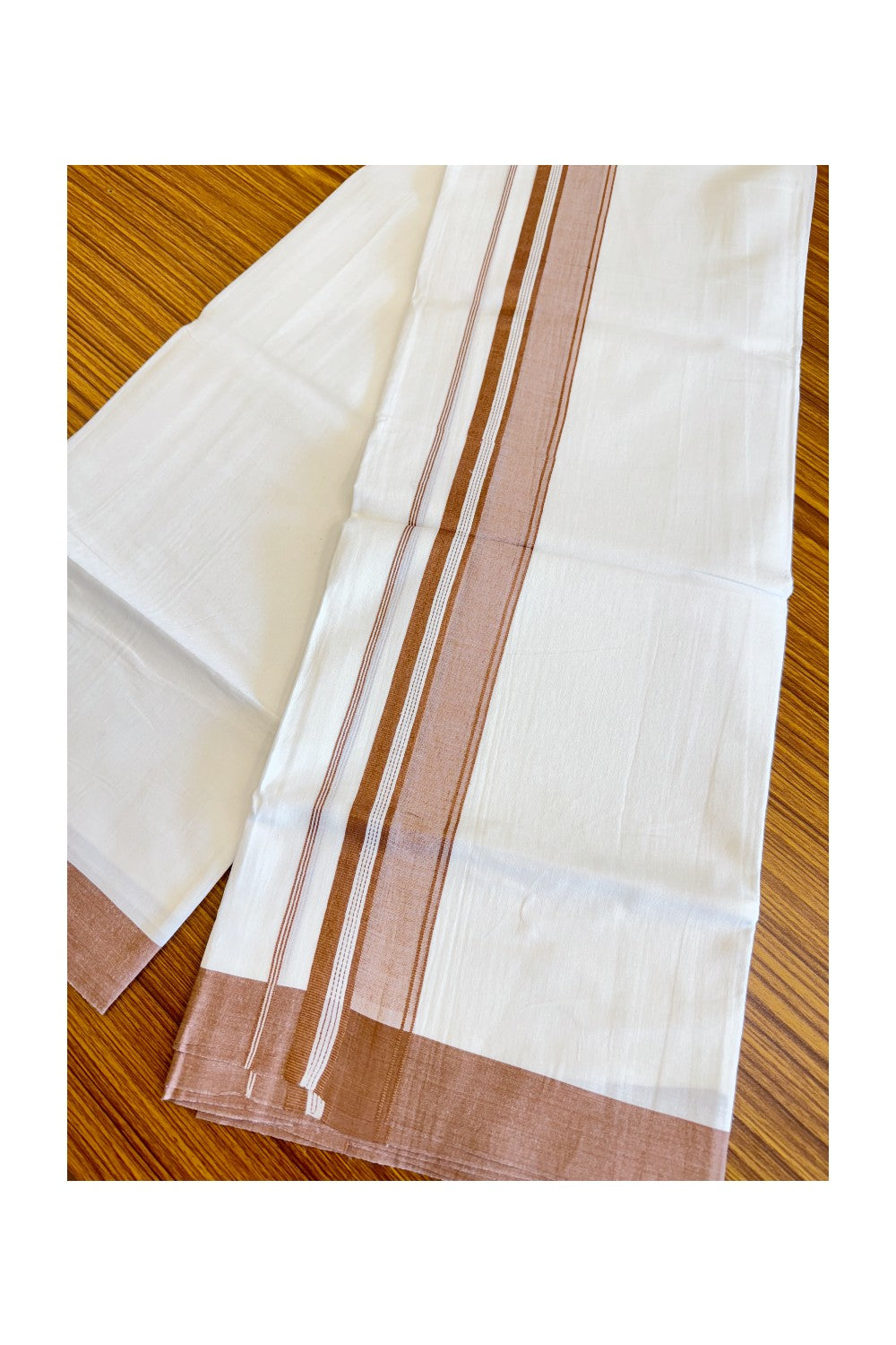 24% Discount! KaithariKada Balaramapuram 100% Cotton Pure White Double Mundu/Dhoti-100x80 2.75 Inch Brown Shaded Cotton kara-34KK41VIN
