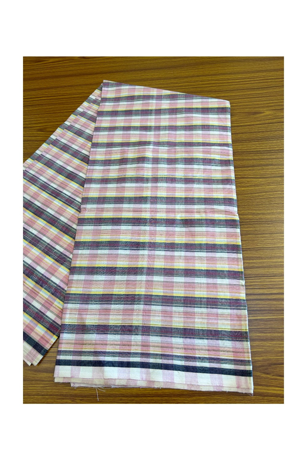 10% DISCOUNT ! KaithariKada Kalamachal 100% Pure Cotton - (80X80) Twisted Thread Handloom Single Mundu/Dhoti - Pink Check COLOUR BODY & Blue Yellow striped Kara- 35KK479KAL