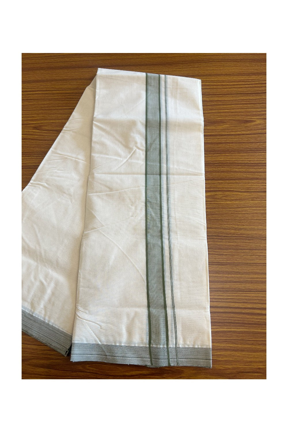 20% DISCOUNT! KaithariKada Balaramapuram 100% Cotton Double Off white - (Unbleached) Mundu/Dhoti - 100x100 - 2 inch SAGE GREEN Stripes Kara - 4.