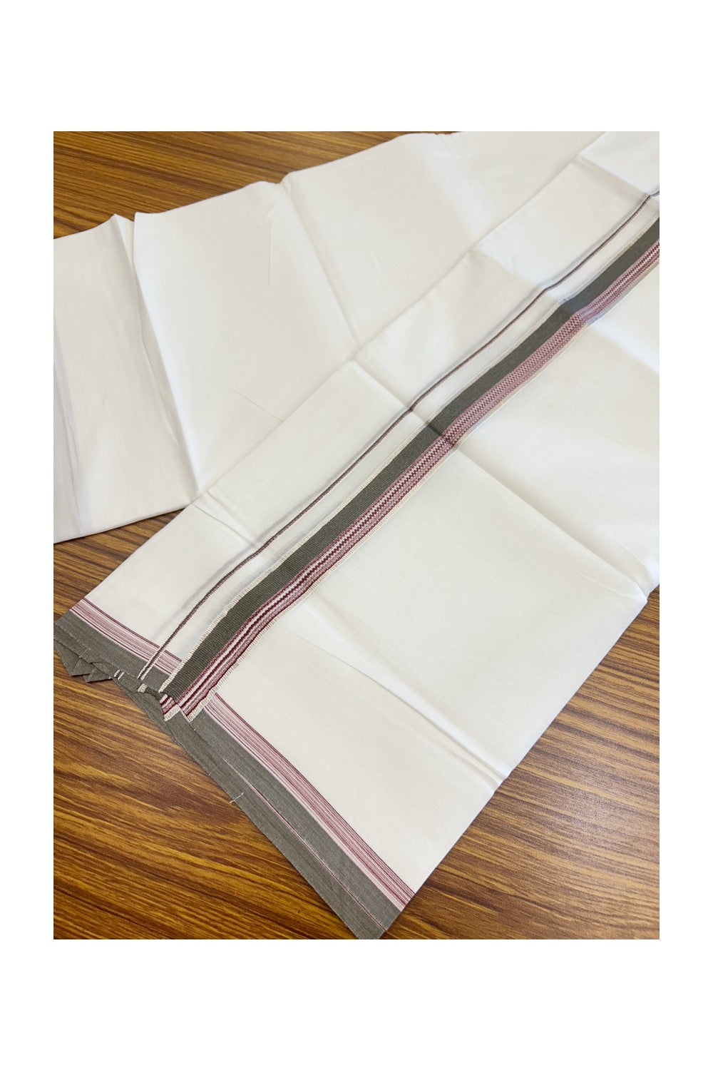 20% Discount ! Kaitharikada Balaramapuram 100% Cotton PURE WHITE Double Mundu/Dothi - 100x80 -1 inch Silver Kasavu Sage Green & Maroon Striped Design Kara - 34KK5182VAS