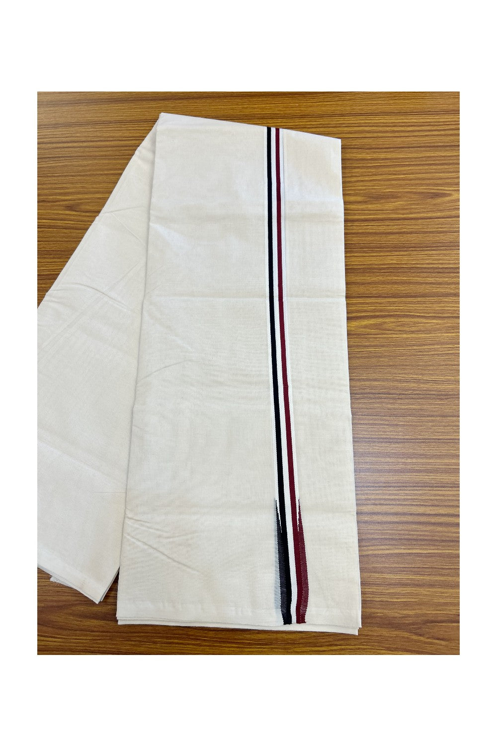 ADMK VESHTI - 20% DISCOUNT! KaithariKada 100% Cotton off white Double - (Unbleached) Mundu/Dhoti - 100X100 - 1 inch Black White & Maroon Wings Chutty kara - 34KK5218ASH
