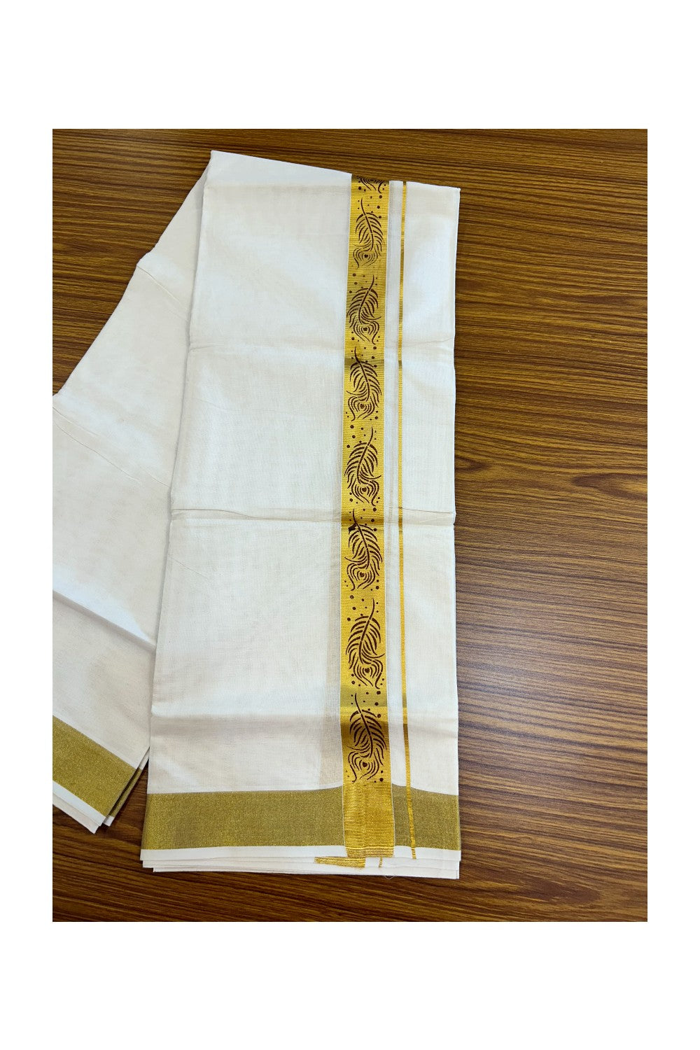 22% Discount!! KaithariKada Balaramapuram 100% Cotton DOUBLE OFF WHITE - (Ubleached) Mundu/Dhoti - 80x90 - 1.5 inch Gold Kasavu with Maroon Peacock Feather Printed Design Kara - 34KK5219 GAN