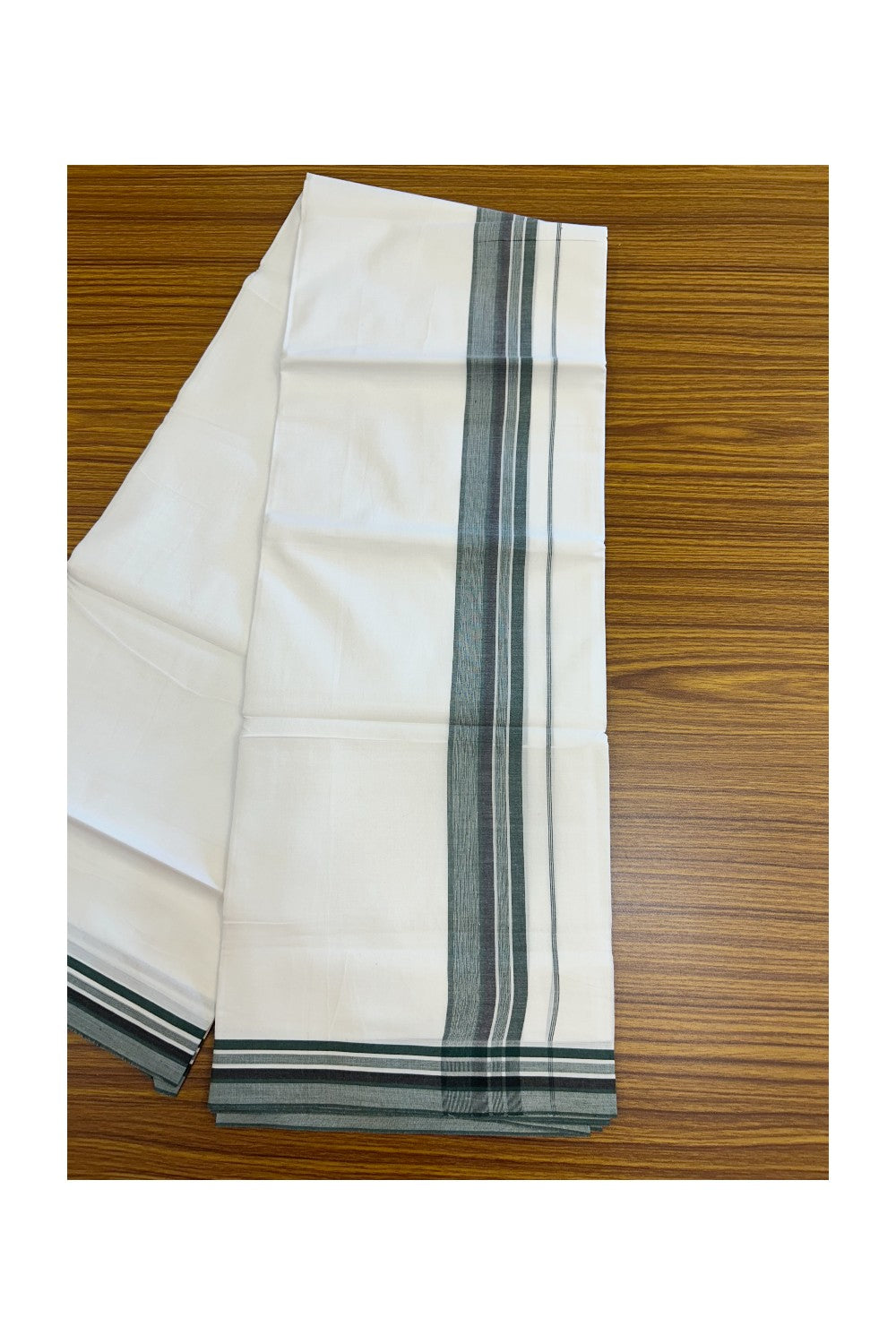20% Discount ! Kaitharikada Balaramapuram 100% Cotton PURE WHITE Double Mundu/Dothi - 100x80 - 1.75 inch Dark Green & Black Shaded Striped Kara 3.75 mtr (8 muzham) - 34KK5220 THI