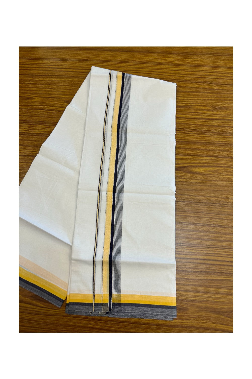 20% DISCOUNT! KaithariKada Balaramapuram 100% Cotton Double Pure white Mundu/Dhoti- 100x80 - 1.5 inch Silver Kasavu Black & Orange Yellow Shaded Striped Kara - 3.86mtr ( 8 muzham) - 34KK5227 PMC