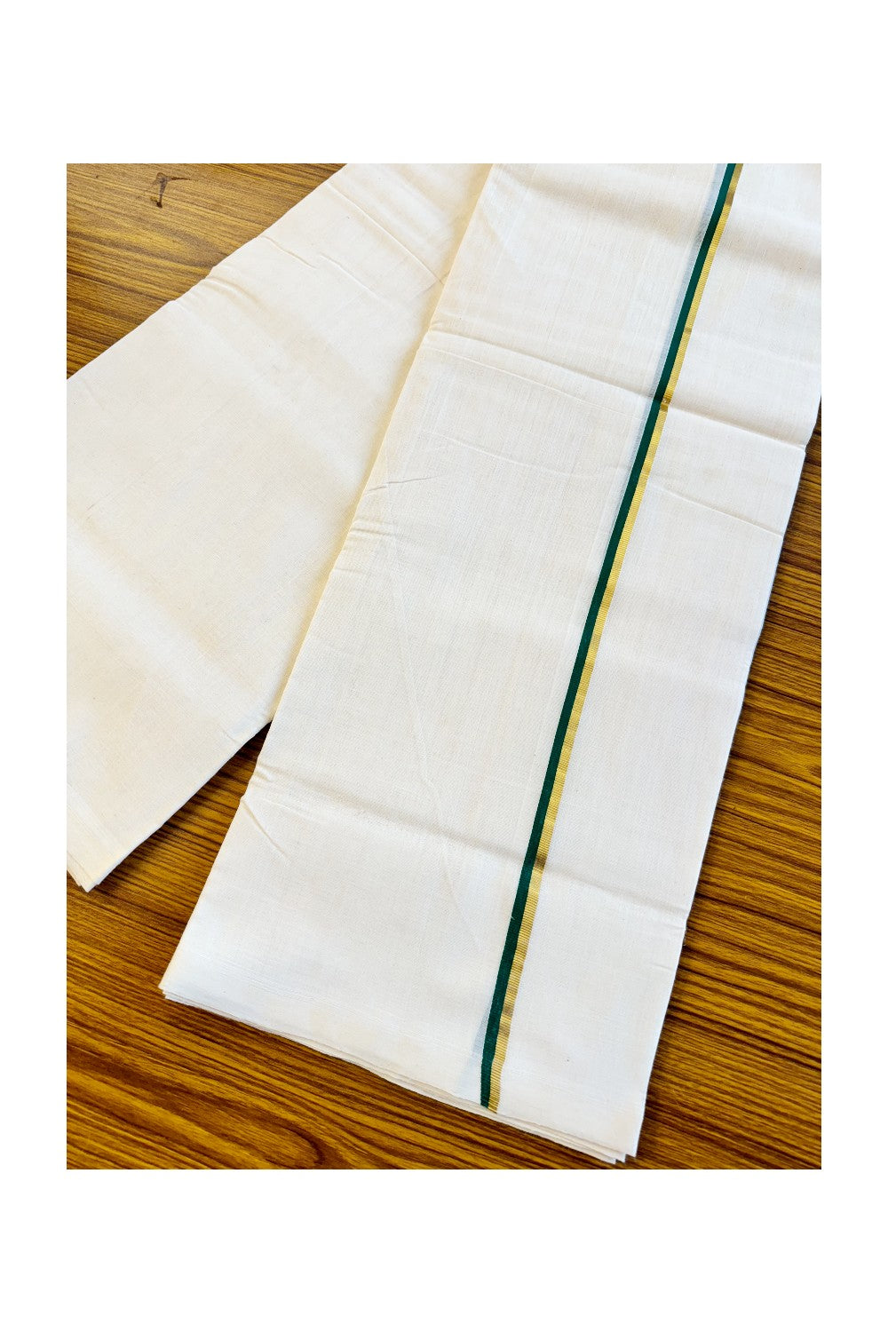 25% DISCOUNT!! KaithariKada HANDLOOM Unakkupaavu Balaramapuram - 100% PURE Cotton OFF White (Unbleached) Double Mundu/Dothi - GREEN + GOLD KASAVU 2.cm Kara- KK46SOM-34