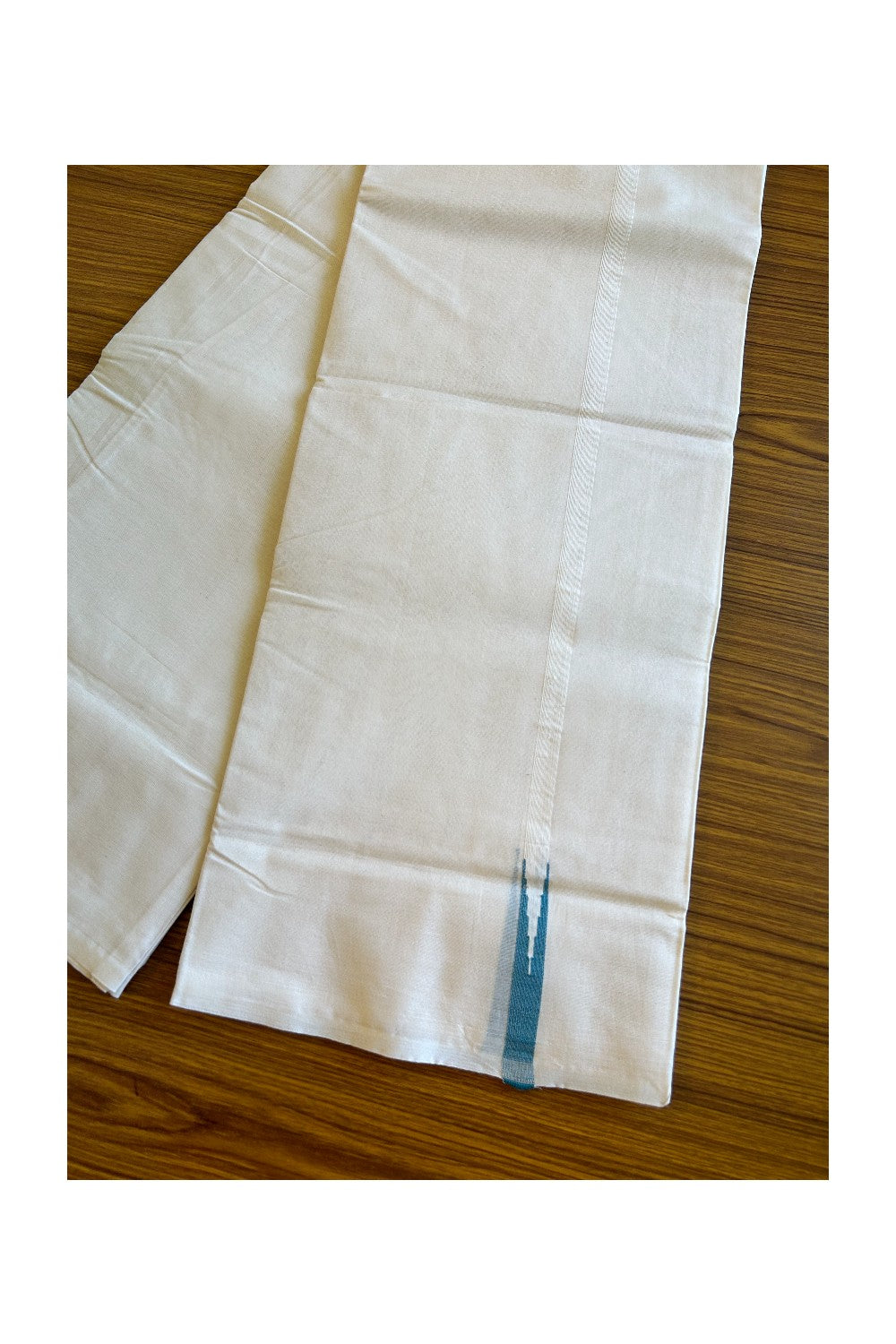 10% Discount ! KaithariKada Balaramapuram 100% Cotton Double Off white - (Unbleached) Mundu/Dhoti-100x100 1 cm Puliyilakkara Chutty Peacock Blue Kara.- 33KK500KK