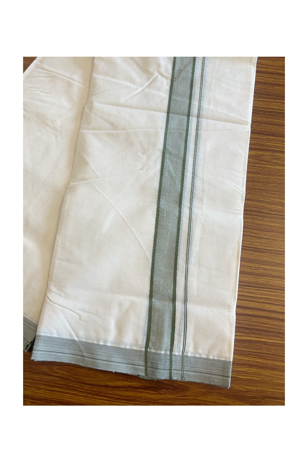 20% DISCOUNT! KaithariKada Balaramapuram 100% Cotton Double Off white - (Unbleached) Mundu/Dhoti - 100x100 - 2 inch SAGE GREEN Stripes Kara - 4.