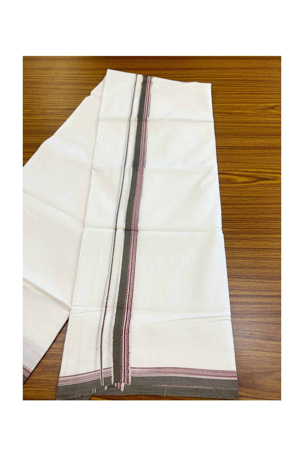 20% Discount ! Kaitharikada Balaramapuram 100% Cotton PURE WHITE Double Mundu/Dothi - 100x80 -1 inch Silver Kasavu Sage Green & Maroon Striped Design Kara - 34KK5182VAS